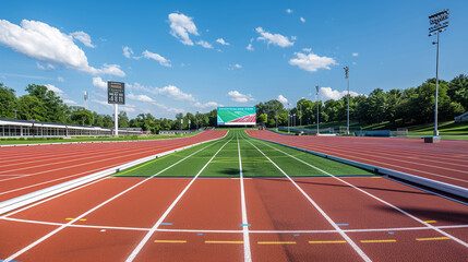 Obraz premium HD camera view of a standard track field from track level, highlighting the central green zone and a prominent billboard, distant school complex and trees visible,