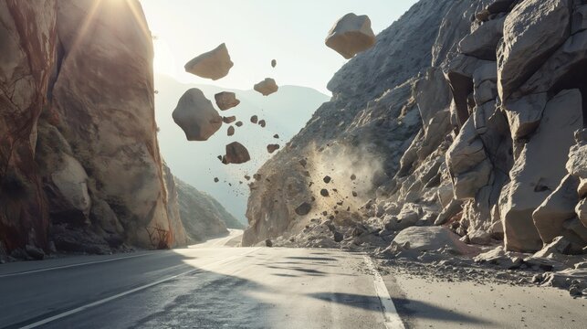 Image of a rockslide on a mountain road, with large boulders falling and debris scattered across the pavement