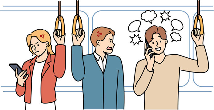 Man talks loudly on phone on bus, demonstrating disrespect for other public transport passengers. Tactless guy breaks silence and angers people on bus or tram due to lack of upbringing