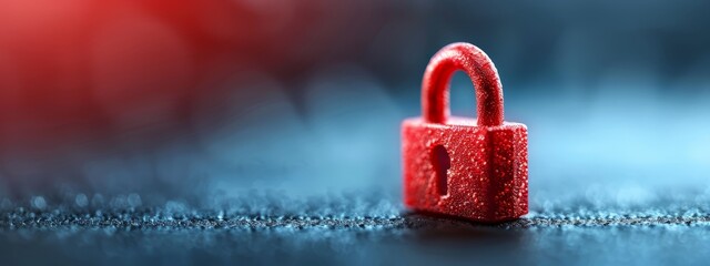  A red padlock atop a wet floor against a red-blue background, blurred padlock overlay