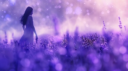 a woman walking through a lavender field, with a soft focus effect capturing the vibrant purple hues and the dreamlike quality of the scene. 