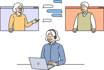 Elderly people participate in online negotiations through virtual chat, using laptop or looking out computer windows. Woman online support specialist responds to customers via text and audio messages