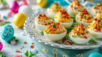 A plate of beautifully decorated deviled eggs
