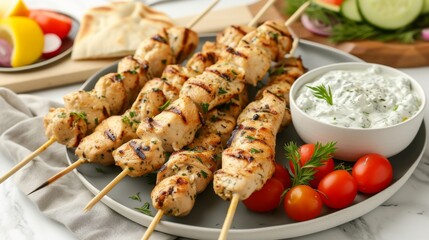A platter of Greek chicken souvlaki skewers served with a side of creamy tzatziki sauce