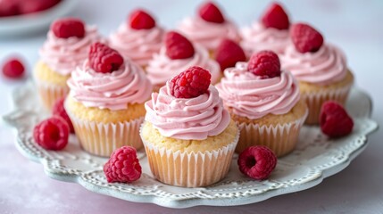 Delicate raspberry cupcakes with creamy pink frosting and fresh raspberries