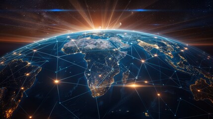 Futuristic image of Earth with neon signal network dots and lines, showing technological advances connecting the world in one global network