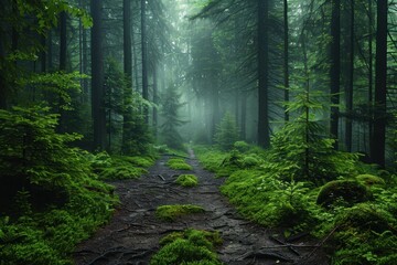 Fototapeta premium A serene, lush path through a dense, evergreen forest enveloped in mist, showcasing nature's tranquility and beauty with vibrant green foliage and towering trees