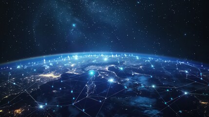 Obraz premium The Earth from space looks like a futuristic neon grid, with shimmering signal dots and grid lines connecting the continents