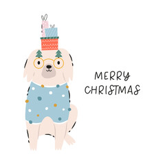 Holiday Christmas card with funny dog in a knitted sweater. Greeting card design, hand drawn illustration