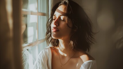 a woman standing by a window, with a soft focus effect capturing the dreamy morning light and her relaxed pose. 