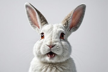 Obraz premium Studio portrait of white rabbit with mouth open against a white backdrop