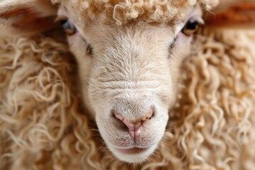 Naklejka premium Close-up of a fluffy sheep's face with curly wool, highlighting its detailed fur texture and calm expression, presenting an intimate view of livestock in a natural farm setting