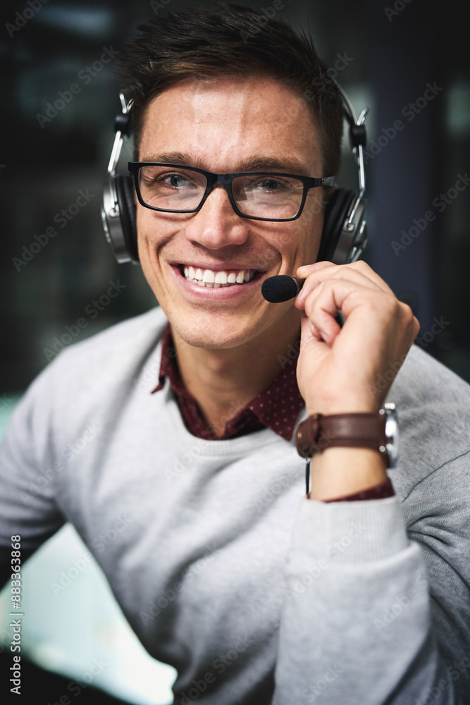 Aufkleber call center, smile and portrait of man with headset for customer care, consulting and help to client