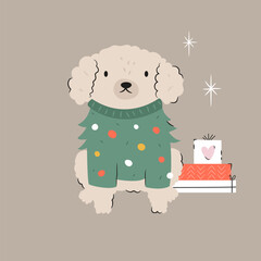 Holiday Christmas card with funny dog in a knitted sweater and gift boxes. Greeting card design, hand drawn illustration