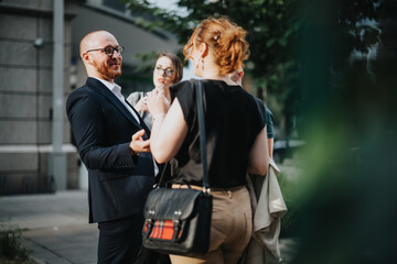 Group of professional business colleagues engaged in a casual conversation outdoors. Business professionals, communication, teamwork, and networking concepts.