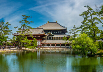 Naklejka premium Historic Great Buddha Hall Pond, Todaiji Temple complex, a UNESCO World Heritage Site, Nara, Honshu, Japan
