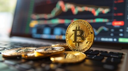 A stack of shiny golden Bitcoin coins placed on the keyboard of a laptop
