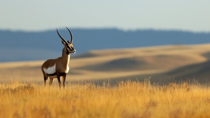 Fototapeta premium Pronghorn standing alert in the meadows, its graceful form and bright antlers silhouetted in the background