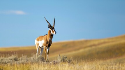Fototapeta premium Pronghorn standing alert in the meadows, its graceful form and bright antlers silhouetted in the background
