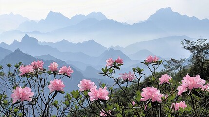 Fototapeta premium A stunning view of a mountain range with lush pink flowers in the foreground and a softly blurred, misty sky in the background
