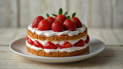 Strawberry layer cream cake with fresh strawberries, and whipped cream