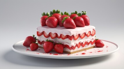 Delicious 3D strawberry cake on white background