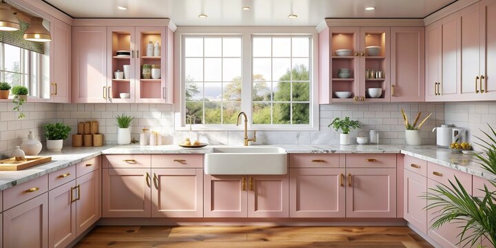 Modern Pink Kitchen Design with Farmhouse Sink - A modern kitchen with pink cabinets, a farmhouse sink, marble countertops, and gold hardware. The kitchen is bright and airy, with natural light stream