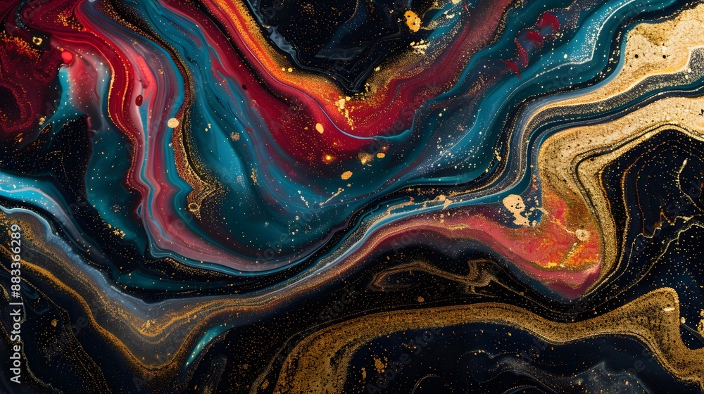 Poster dynamic and colorful abstract art with gold accents and fluid patterns