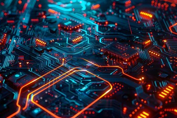 Fototapeta premium Futuristic Circuit Board with Neon Lights and Electronic Patterns