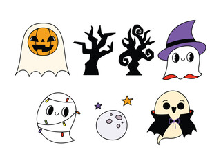 Retro Halloween Vector Illustration with Editable Stroke Groovy Cute Ghost Pumpkin Witch Doodle