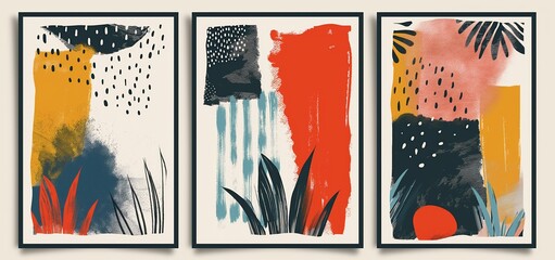 boho tropical plant  flower and landscape three artwork picture frame collection set on wall, minimal style home wall hanging decor, mockup idea,