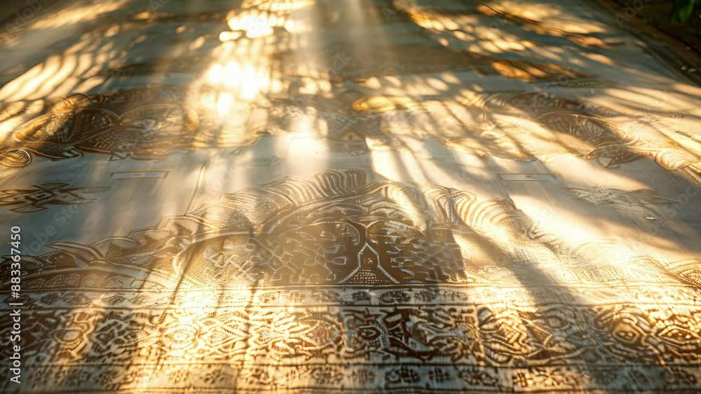 Poster rays of sunlight kiss the floating carpet illuminating the intricate patterns and designs.