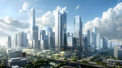 A futuristic cityscape featuring tall glass skyscrapers under a bright sky, showcasing modern urban architecture.