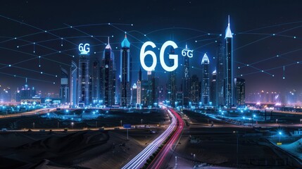 Futuristic city buildings with neon lights surround the 6G logo, reflecting the acceleration of future technology and innovation