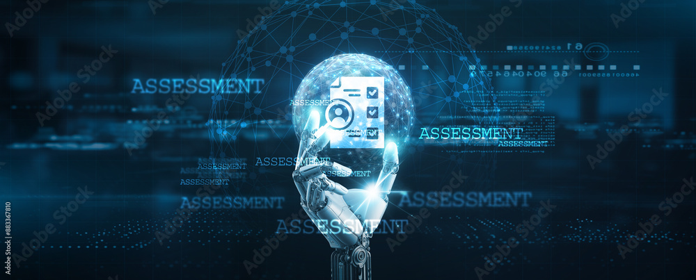 Poster access management, robot hands, technology, hands of robot hold key global network connection, table