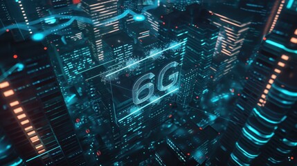 6G logo surrounded by futuristic neon buildings, signifying accelerated technology and future communications
