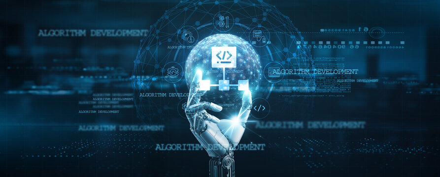 Advanced algorithms, algorithm development, Hands of robot hold complex data network connection, predictive analytics, computational models, data science and artificial intelligence technology.