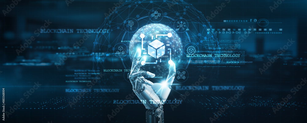 Poster blockchain technology, hands of robot hold digital blockchain network connection, decentralized, sec