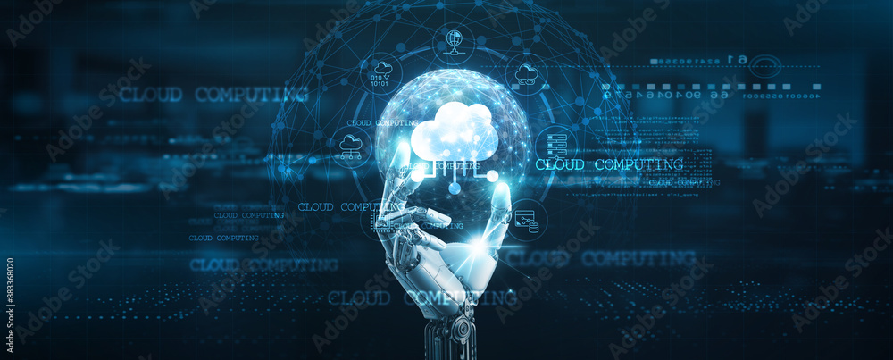 Poster cloud computing, hands of robot hold network connection symbolizing big data technology, data, stora