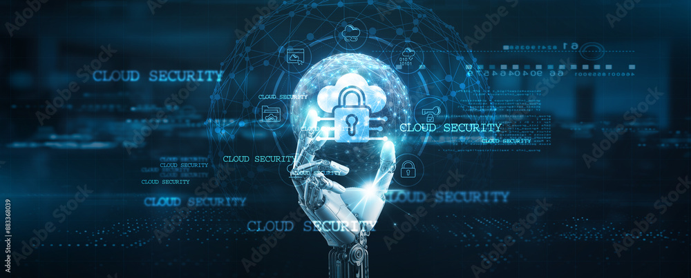 Poster cloud security, hands of robot hold cloud security system network connection, data protection, priva