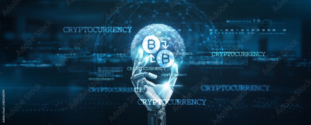 Poster cryptocurrency, hands of robot hold digital currency technology, blockchain systems, secure transact