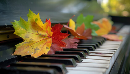 Beautiful large autumn maple leaves of different colors on the piano keys, the concept of autumn, classical music
