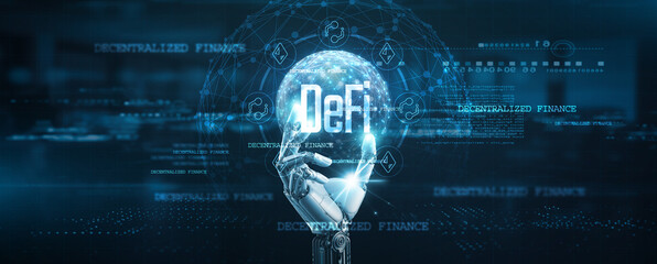 DeFi (decentralized finance), Hands of robot hold blockchain financial documents network, digital...