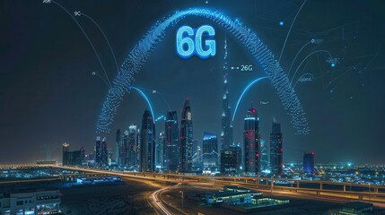 The 6G logo shines brightly against the neon-lit futuristic buildings, symbolizing a giant leap in speed and technological progress