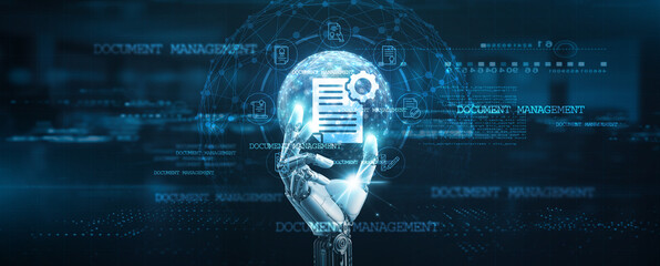 Document Management, Hands of robot hold documents, paperwork, files, organization, storage,...