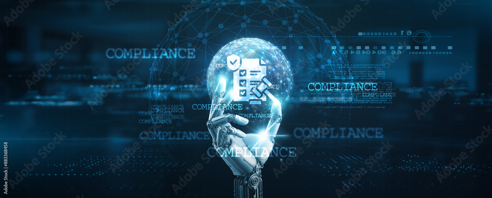 Aufkleber hands of robot hold compliance documentation, verifying identity, granting access, cybersecurity mea