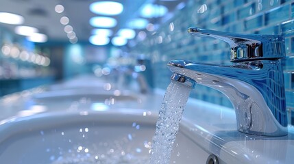 A modern bathroom interior featuring chrome faucets with water running into a series of white sinks, set against a background of blue tile walls and circular overhead lights