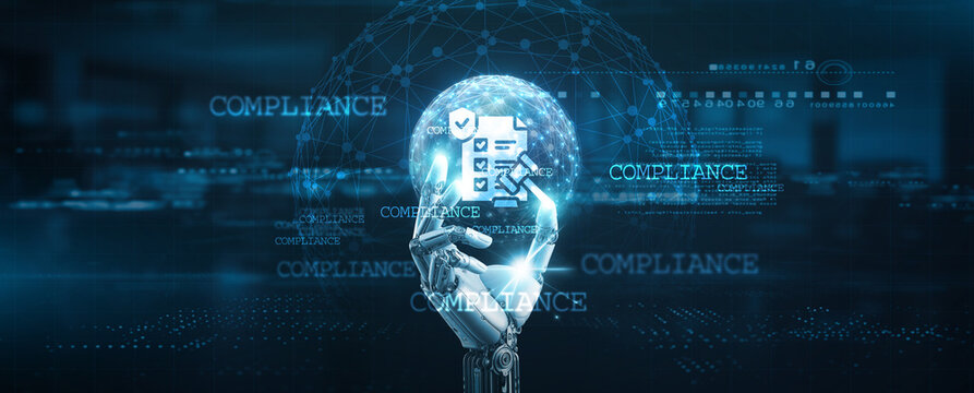 Hands of robot hold compliance documentation, verifying identity, granting access, cybersecurity measures, encryption protocols, and secure authentication technology.