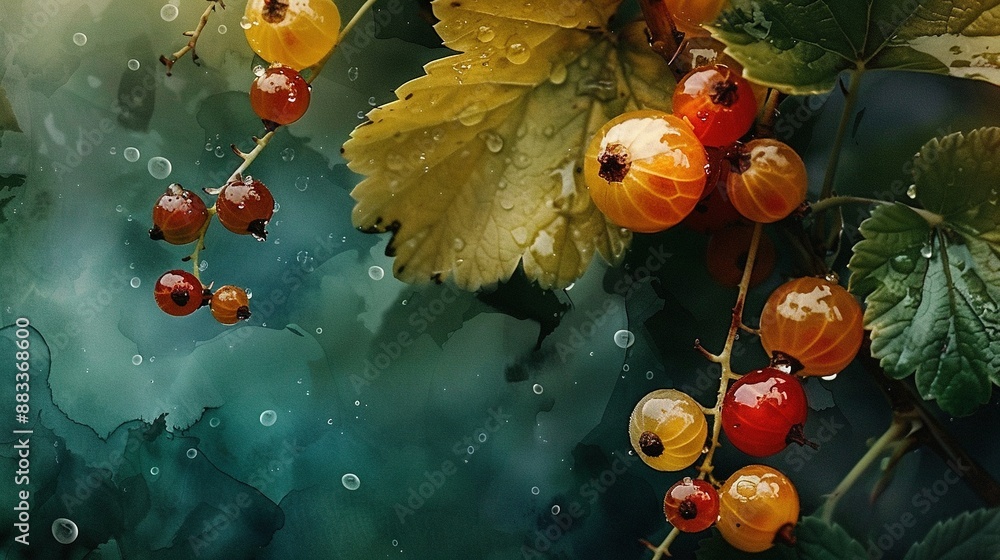 Poster a zoom-in image of multiple berries on a leafy tree, with raindrops falling from the foliage onto bo
