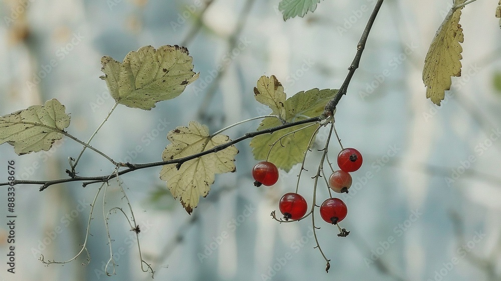 Poster a red-berried branch dangles from foliage against a hazy backdrop